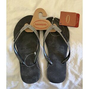 Havaianas Girl’s Black Gray Metallic Glitter NWT Flip Flops Sandals Size 3/4Y